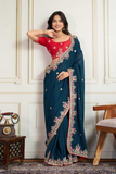 Navy Blue Soft Star Georgette Embroidered Saree with Contrast Banglory Silk Blouse