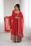 Crimson Heritage Crunchy Silk Anarkali Gown Set with Dupatta - kavyo.in