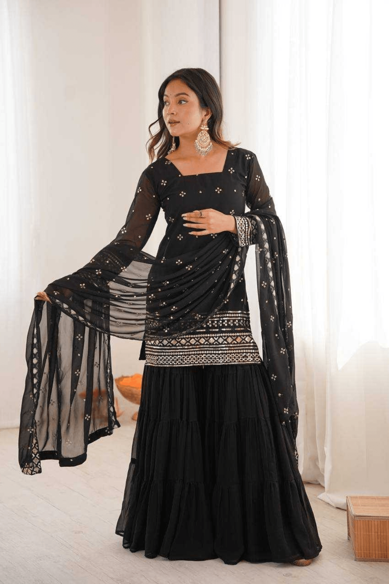 Noir Ruffle Grace Georgette Sharara Suit Set - kavyo.in