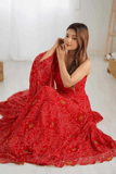 Red Bandhej Chiffon Anarkali Gown with Dupatta - kavyo.in