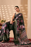 Soft Lichi Silk Saree with Digital Cherry Blossom Print & Golden Zari Border