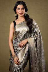 Gold Houndstooth Soft Lichi Silk Zari Woven Saree