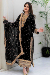 Noor Royale Heavy Velvet Embroidered Suit Set with Moti & Sequin Work