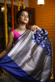 Cobalt Bloom Banarasi Soft Silk All-Over Silver Zari Saree