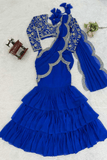 Azure Bloom Faux Georgette Ruffle Saree with Embroidered Blouse - kavyo.in