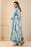 Aqua Bloom Rayon Printed Kurti Pant Set with Dupatta