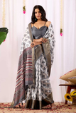 Soft Lichi Silk Saree with Ethnic Motif Print, Golden Zari Border & Rich Maroon Pallu