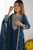 Eliza Cerulean Embroidered Kurta Pant Set with Dupatta - kavyo.in