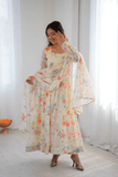 Pastel Floral Organza Anarkali Gown Set with Dupatta & Pant - kavyo.in