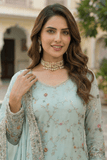 Mint Green Designer Embroidered Kurti Sharara Set with Dupatta - kavyo.in