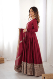 Maroon Chinon Silk Embroidered Anarkali Gown Set with Dupatta - kavyo.in