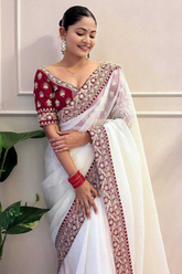 Off White Banarasi Crush Saree with Maroon Embroidered Blouse & Sequins Border