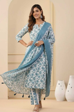 Azure Bloom Printed Cotton Kurta Pant Dupatta Set