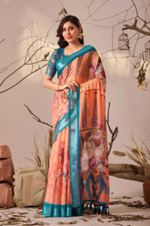 Peach Fern Premium Linen Cotton Floral Print Saree
