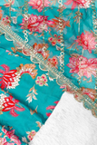 Pure Blue Muslin Floral Print Kali-Cut Gown Set with Organza Dupatta