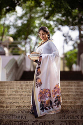 White Linen Cotton Digital Printed Saree with Banglory Blouse