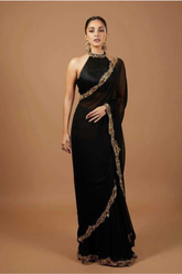 Kiara Inspired Elegant Black Georgette Saree with Golden Zari & Sequins Border