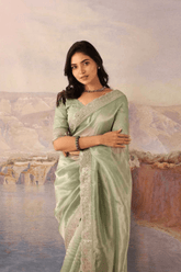 Mint Whisper Soft Zimmy Chu Silk Embroidered Saree with Designer Blouse - kavyo.in