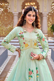Peacock Floral Embroidered Satin Silk Anarkali Top with Vichitra Lehenga Set