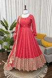 Peach Chinon Silk Anarkali Set with Pant & Lace Dupatta - kavyo.in