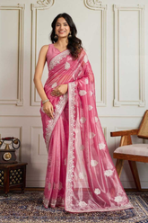 Soft Twill Net Saree with All-Over Embroidery & Sequins Work Border