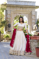 Ivory & Maroon Vichitra Silk Lehenga with Heavy Embroidery