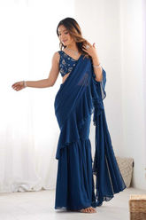 Elegant Navy Blue Pure Georgette Sharara Saree with Sequin Embroidered Blouse