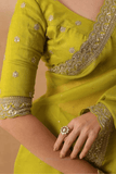 Lime Aura Soft Zimmy Chu Silk Embroidered Saree with Designer Blouse - kavyo.in