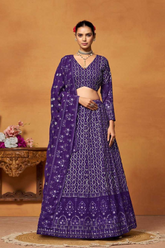 Purple Faux Georgette Embroidered Lehenga Set