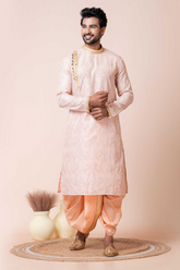 Peach Mono Cotton-Poly Kurta with Dhoti Pajama Set for Men