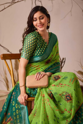 Premium Linen Cotton Green Saree with Digital Patola & Ikat Print