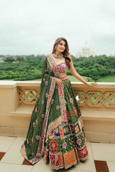 Green Muslin Cotton Mirror Work Navratri Lehenga Choli