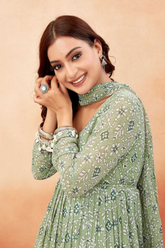 Pink Georgette Anarkali Palazzo Suit with Gota Lace Detailing