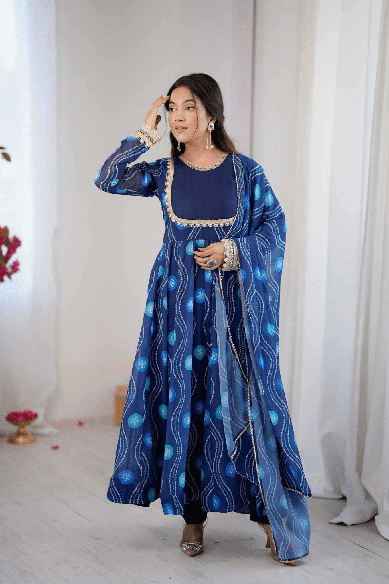 Royal Blue Bandhani Print Fox Georgette Anarkali Gown Set with Dupatta & Pant - kavyo.in