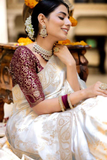 White Kanjivaram Banarasi Silk Saree with Rich Zari Weaving & Jacquard Blouse
