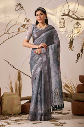 Steel Grey Premium Linen Cotton Digital Print Saree