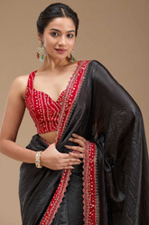 Black Tissue Gold Crush Saree with Bandhani Border & Bead Handwork