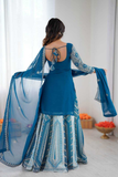 Teal Blue Faux Georgette Embroidered Sharara Set with Dupatta