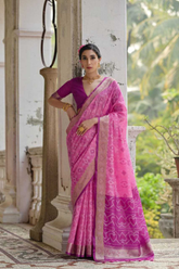 Rani Soft Desi Raw Silk Saree with Pochampally Ikkat Concept & Zari Weaving Border