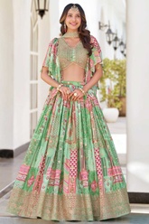 Patchwork Print Chinnon Silk Lehenga Choli Set with Choker-Style Chiffon Dupatta