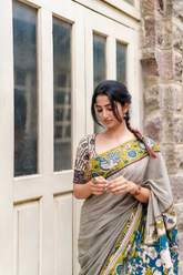 Pure Linen Cotton Saree with Digital Floral Print & Handmade Zalar