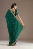Green Frandy Satin Silk Saree with Sequins & Jari Dori Embroidery