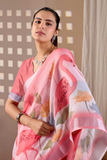 Soft Linen Cotton Saree with Flamingo Floral Digital Print & Contrast Border