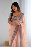 Peach Net Party Wear Saree with Embroidered Border Lace
