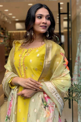 Yellow Viscose Organza Embroidered Kurti Set with Jacquard Dupatta