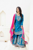 Teal Blue Chinon Silk Kurti Set with Pink Dupatta