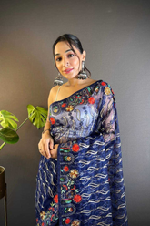 Dark Blue Heavy Butterfly Net Saree with Multicolor Embroidery & Foil Thread Work