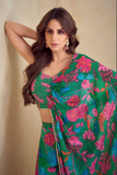 Green Chinon Silk Digital Print Palazzo Set with Shrug