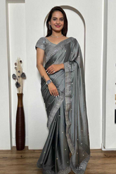 Elegant Grey Rangoli Silk Saree with Sequins & Stone Work