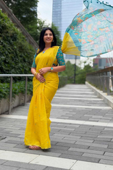 Yellow Heavy Linen Saree with Kalamkari Digital Print & Tassel Detailing